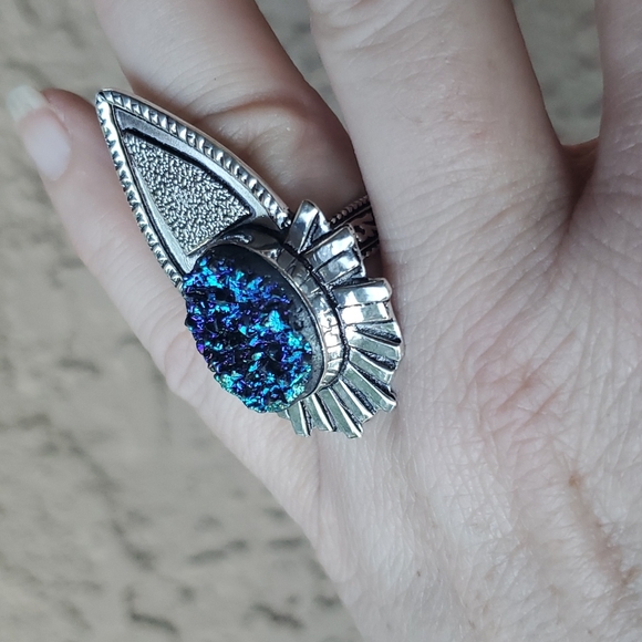 New Unique Oversized Blue Titanium Druzy 925 Silver Statement Ring. - Picture 4 of 16